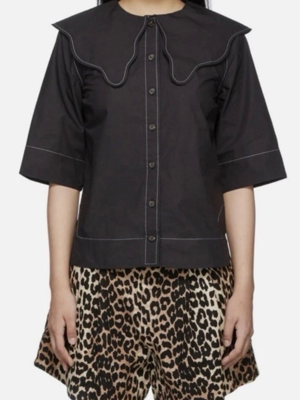 GANNI Women’s Black Organic Cotton Woven Collared Button-Up 3/4 Sleeve EU 36